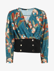 Blouse cache-coeur imprimée à boutons décoratifs - Bleu canard - 4