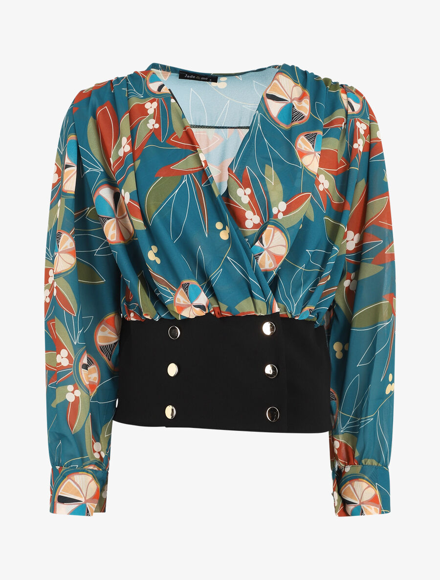 Blouse cache-coeur imprimée à boutons décoratifs - Bleu canard - 4