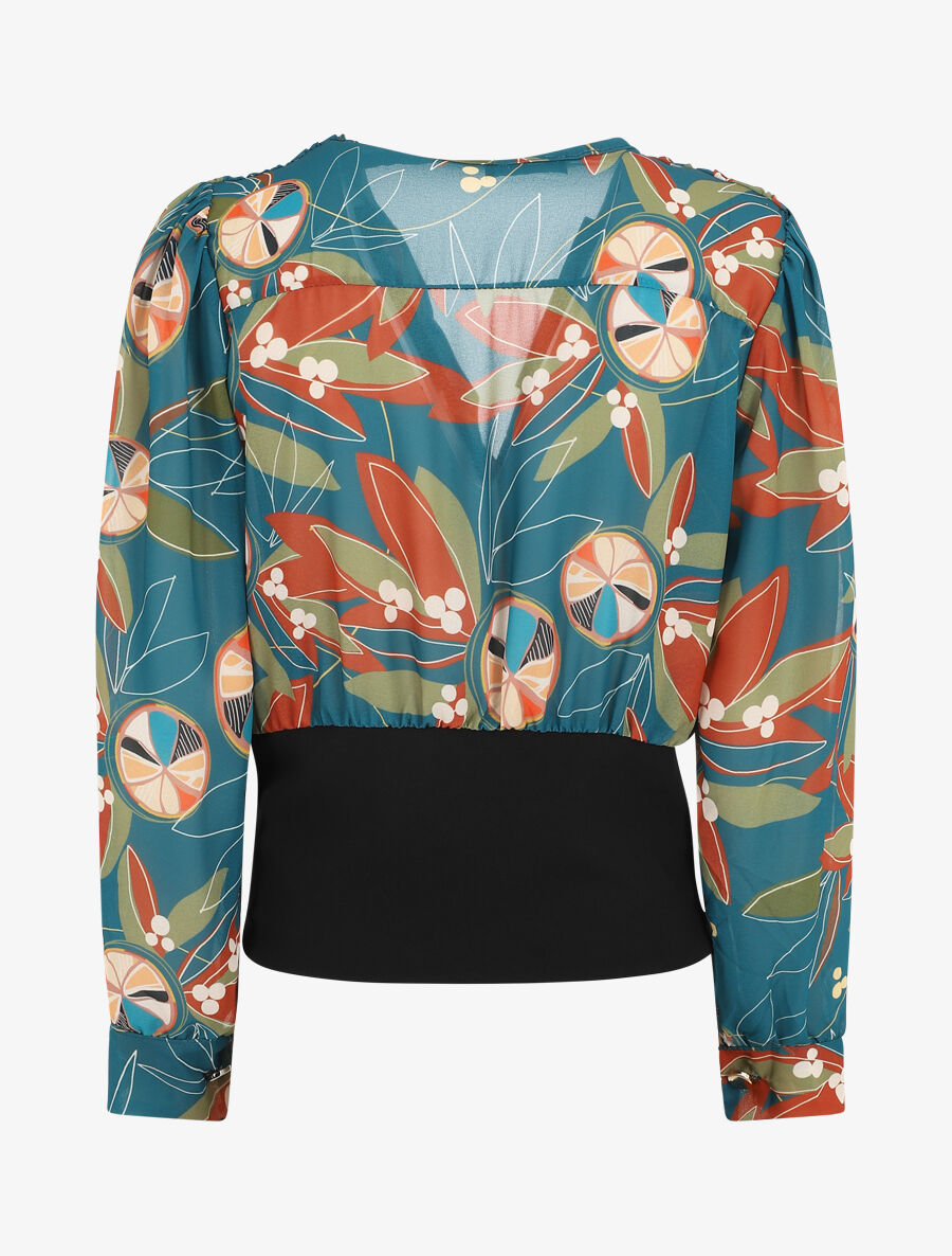 Blouse cache-coeur imprimée à boutons décoratifs - Bleu canard - 2