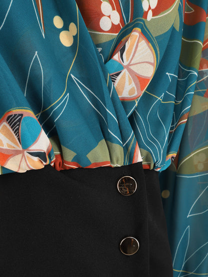 Blouse cache-coeur imprimée à boutons décoratifs - Bleu canard - 3