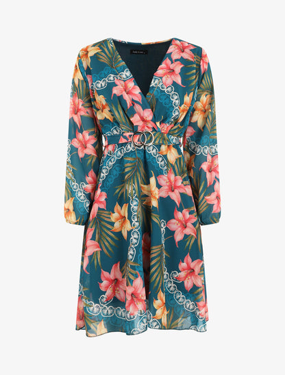 Robe mi-longue à imprimé tropical - Bleu canard - 1