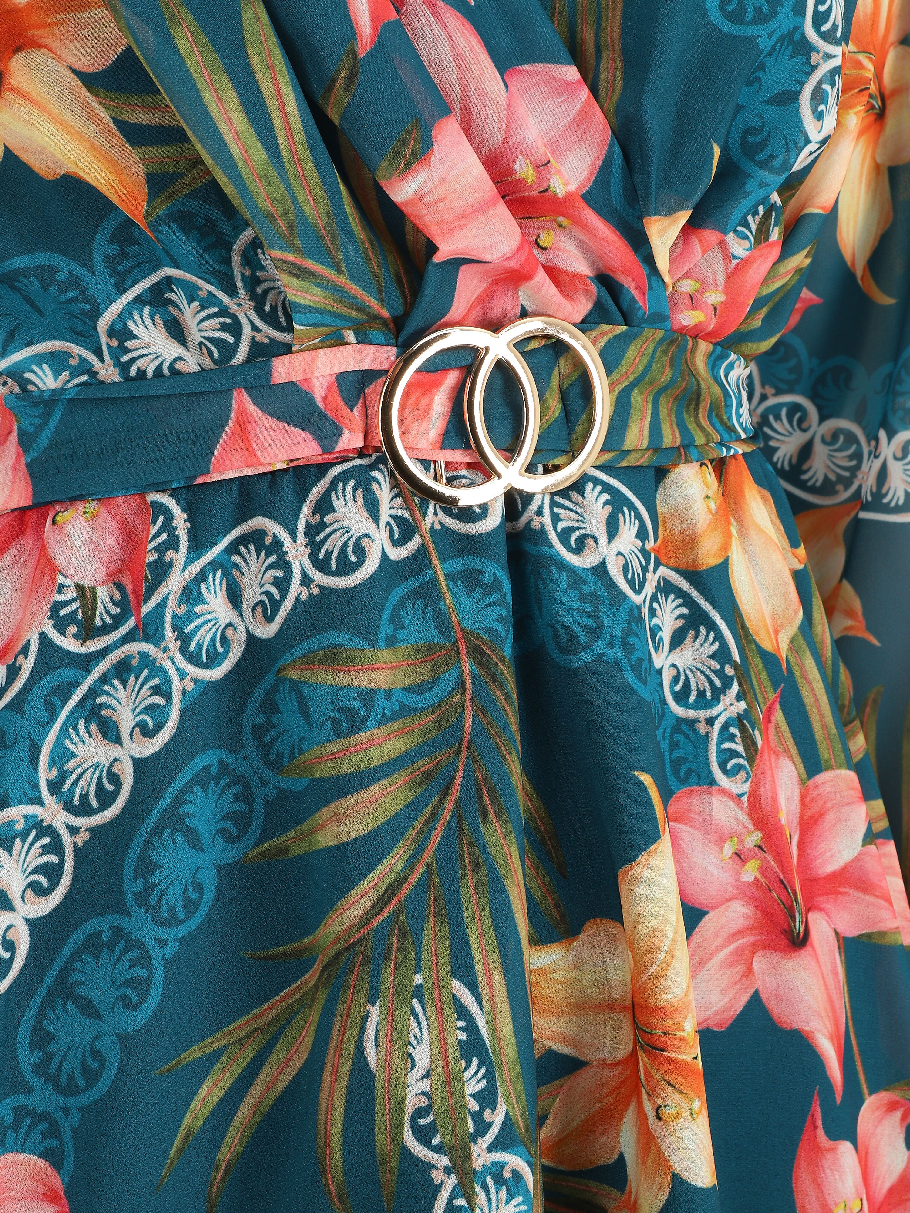 Robe mi-longue à imprimé tropical - Bleu canard - 3