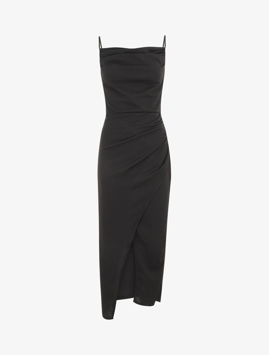 Robe longue droite effet drapé - Noir - 1