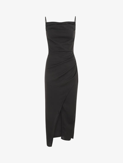 Robe longue droite effet drapé - Noir - 1