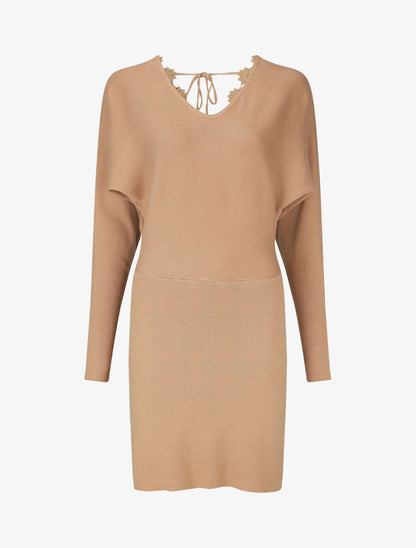 Robe pull mi-longue à broderies au dos - Camel - 1