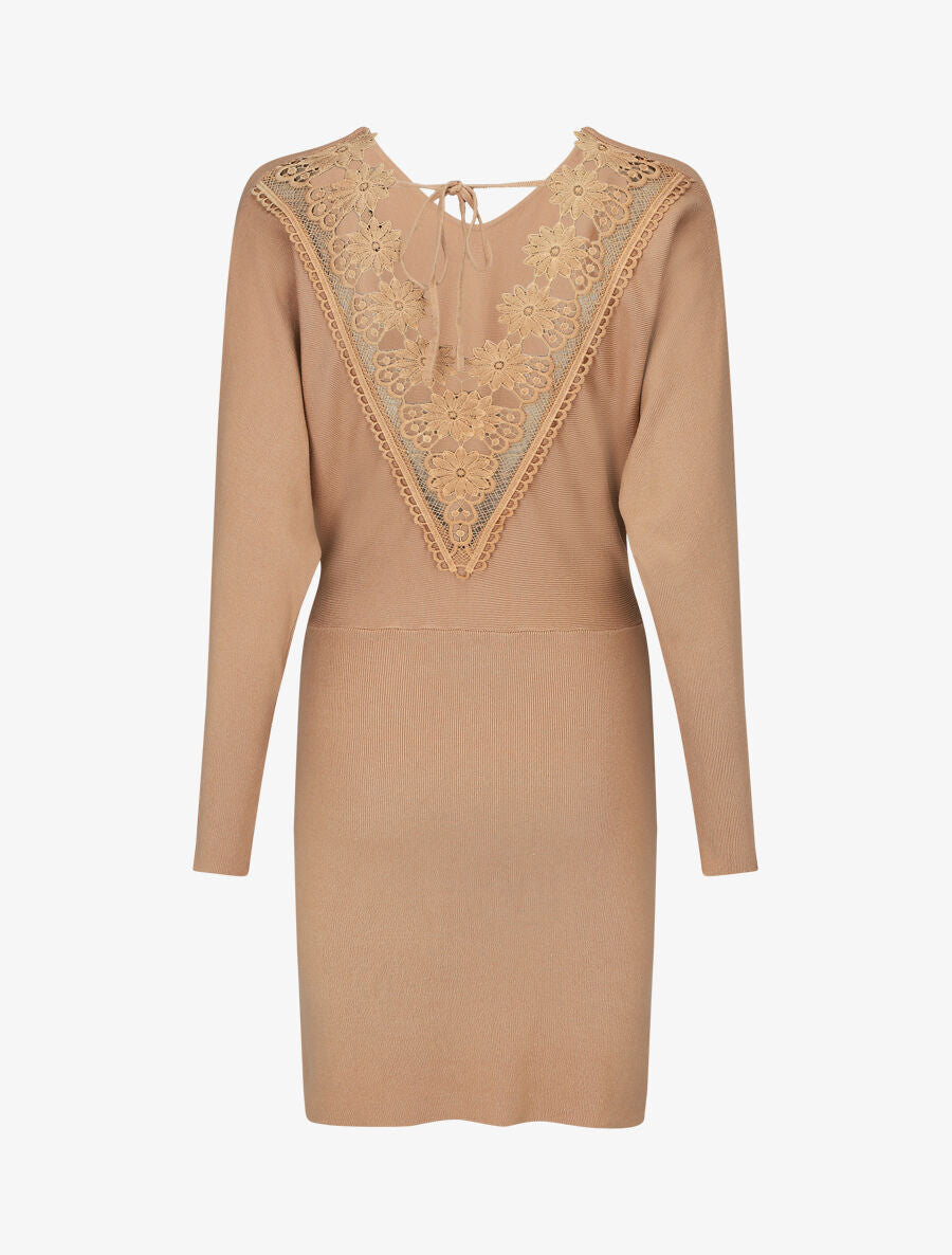 Robe pull mi-longue à broderies au dos - Camel - 2