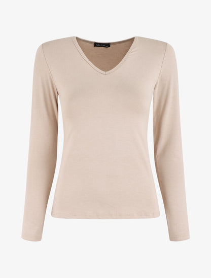 Top uni manches longues à col V - Beige - 1