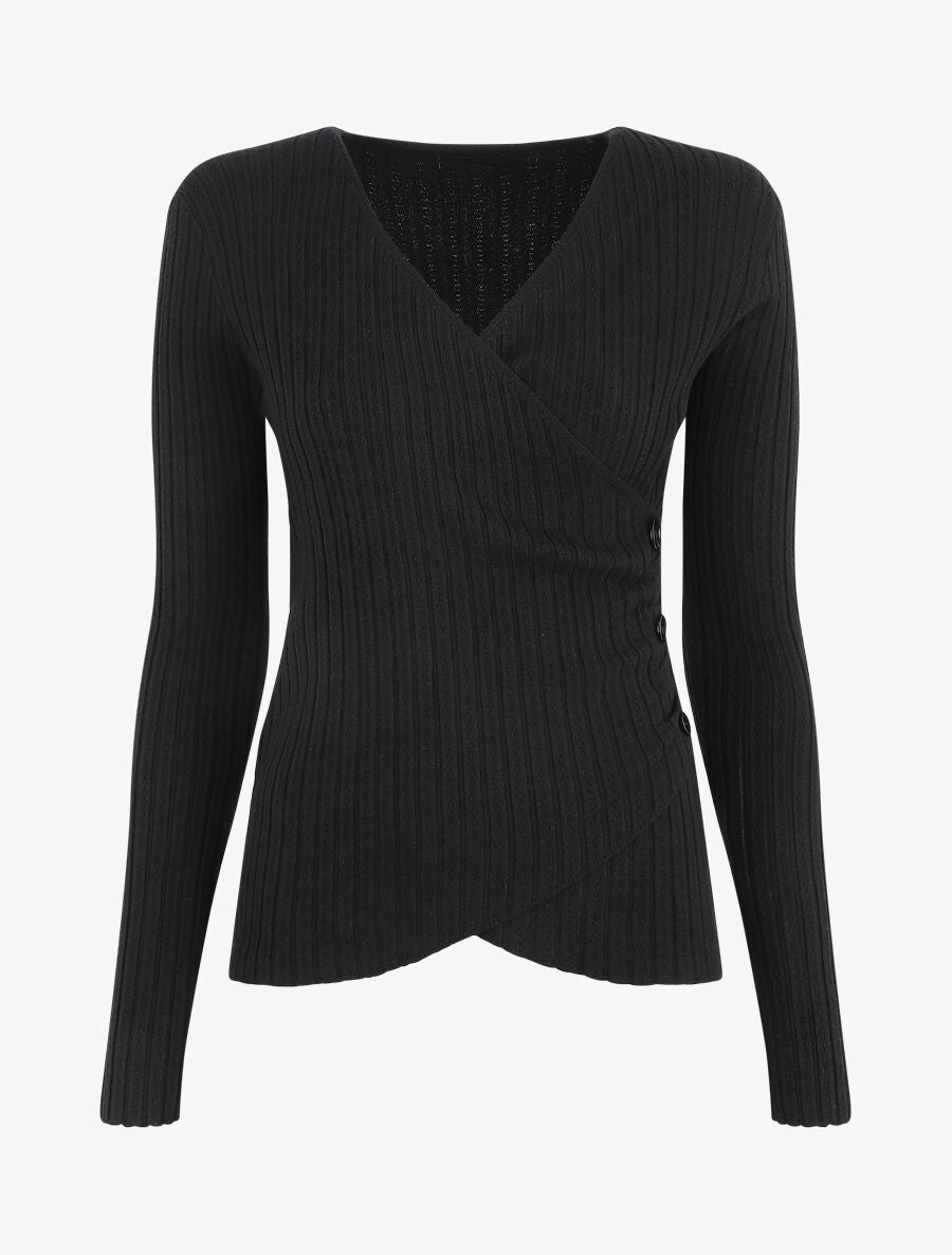 Pull uni côtelé croisé - Noir - 1