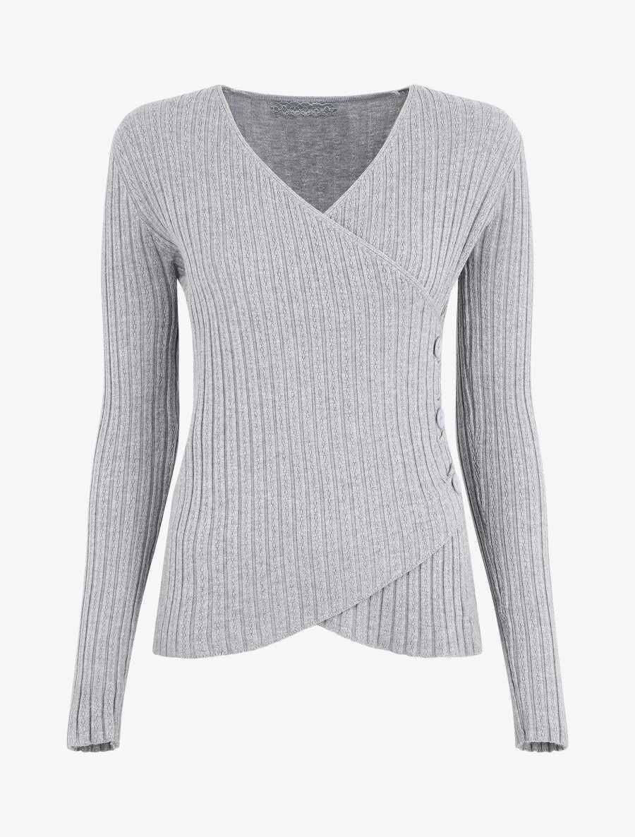Pull uni côtelé croisé - Gris - 1