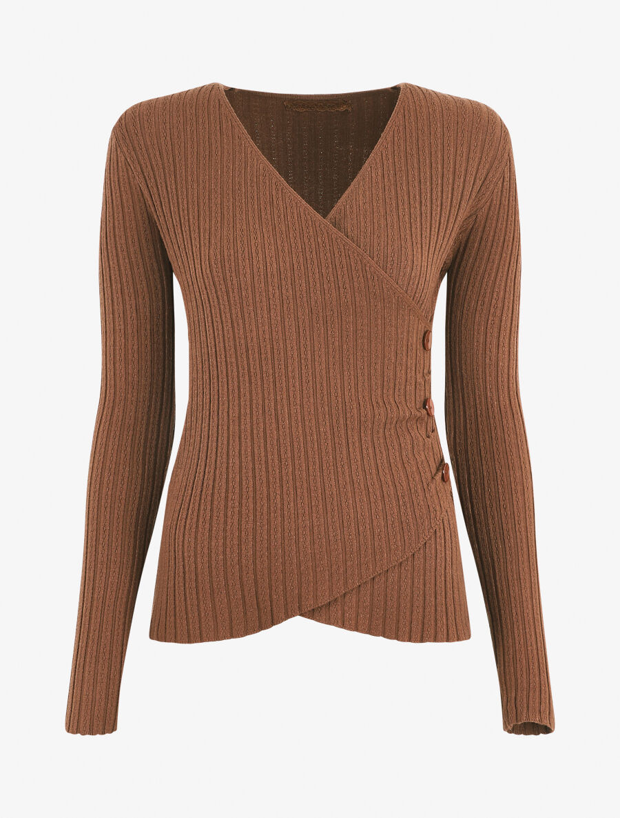 Pull uni côtelé croisé - Marron - 1