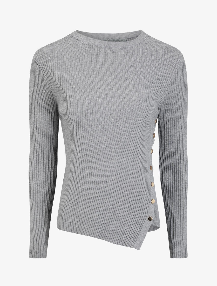 Pull uni côtelé à boutons dorés - Gris - 1