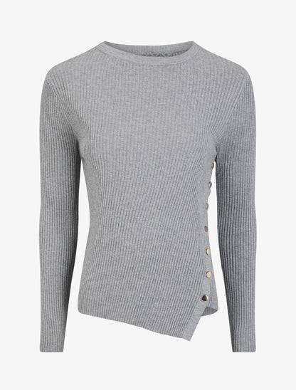 Pull uni côtelé à boutons dorés - Gris - 1
