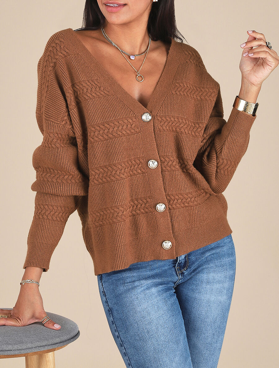 Cardigan uni à coupe carré et effet texturé - Marron - 4