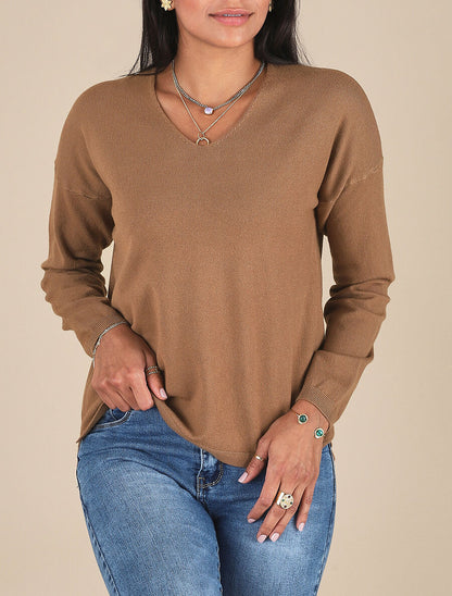 Pull fin uni à col V - Camel - 4
