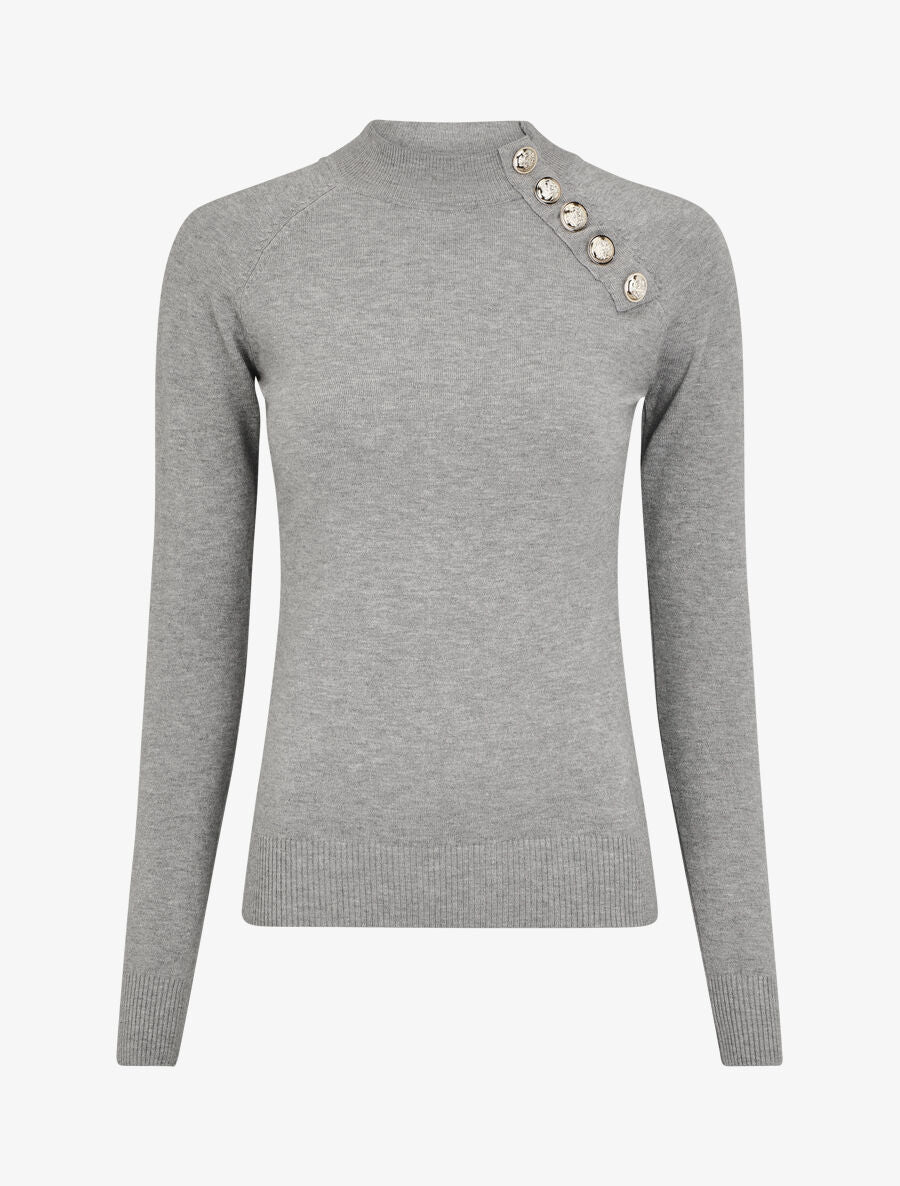 Pull uni à col montant et boutons décoratifs - Gris - 1