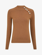 Pull uni à col montant et boutons décoratifs - Camel - 1