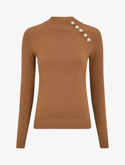 Pull uni à col montant et boutons décoratifs - Camel - 1