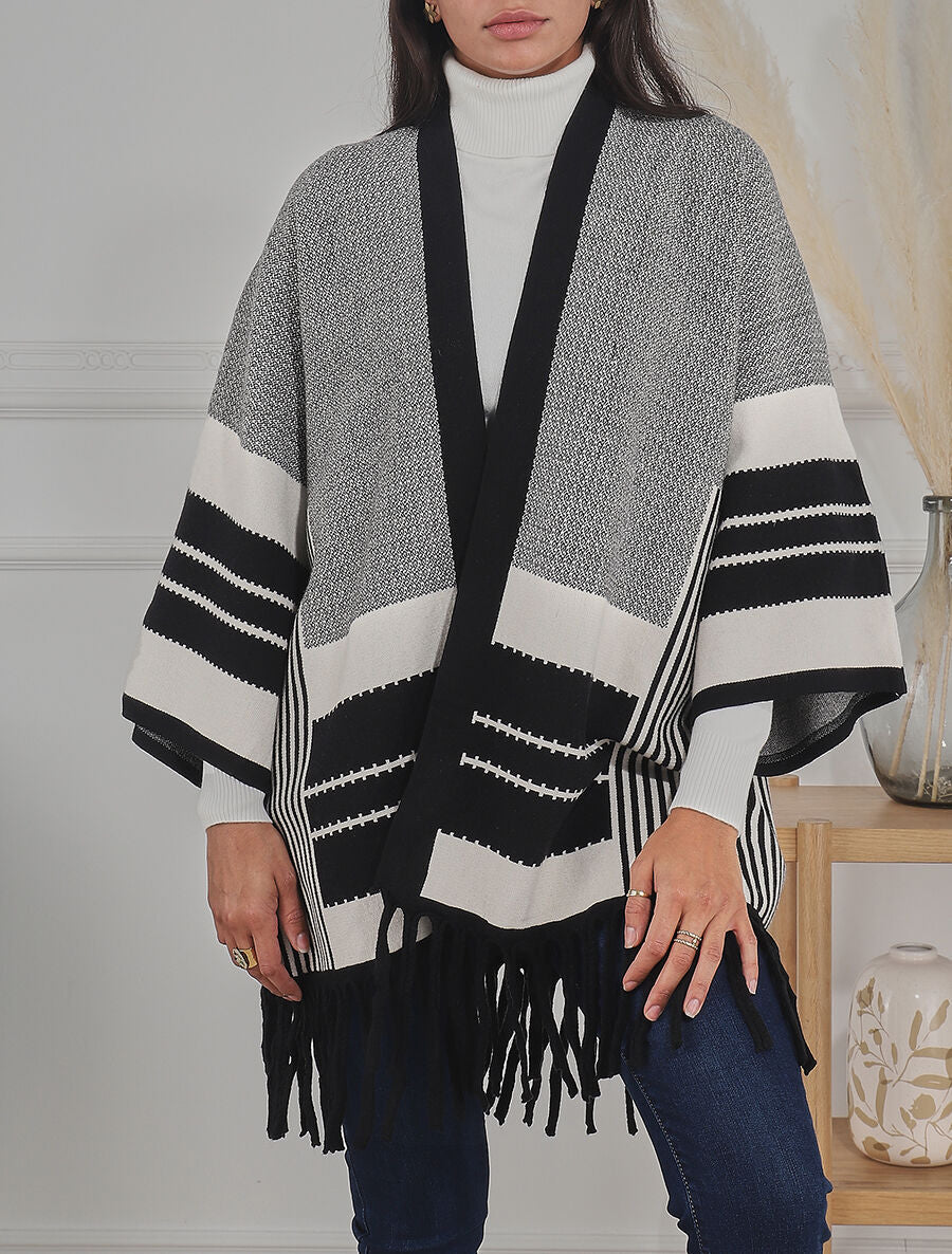 Poncho à imprimé graphique et franges - Noir - 1