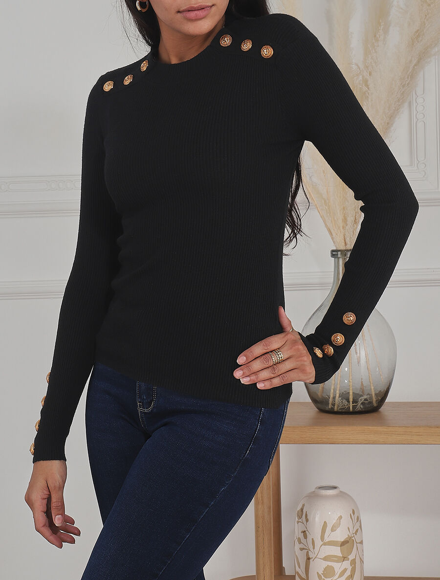 Pull ajusté à col montant boutonné - Noir - 5