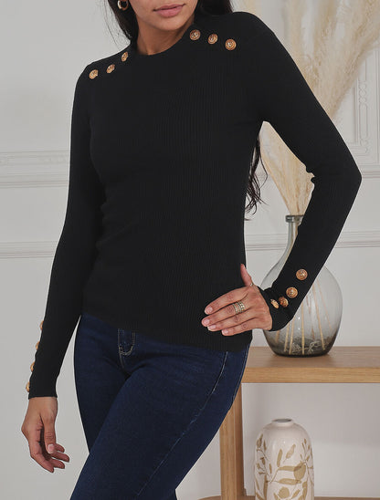 Pull ajusté à col montant boutonné - Noir - 5