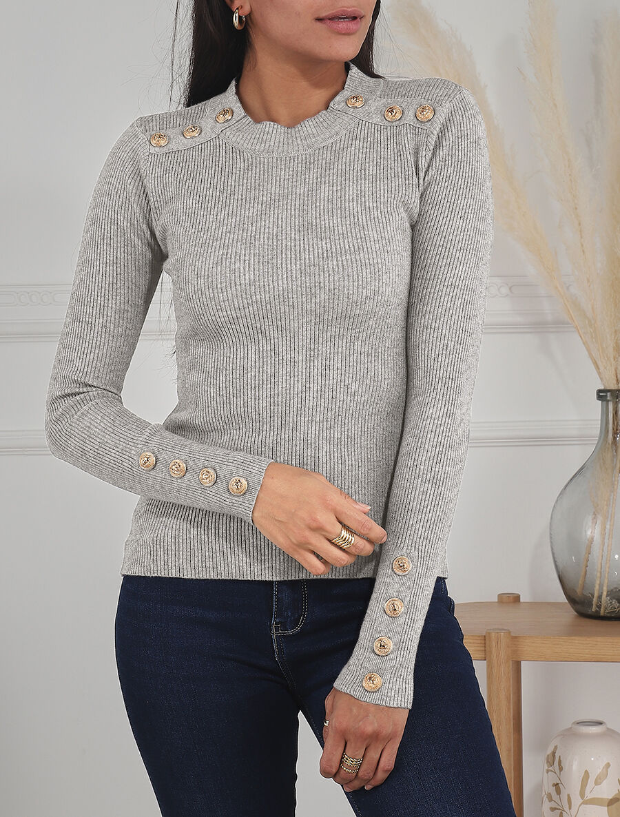 Pull ajusté à col montant boutonné - Gris - 4