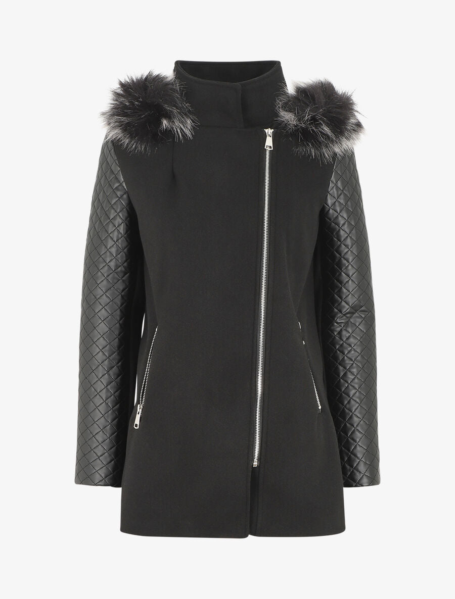 Manteau à capuche et à manches en simili - Noir - 1