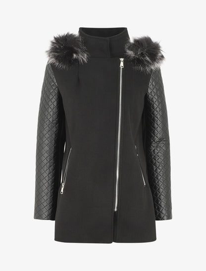 Manteau à capuche et à manches en simili - Noir - 1