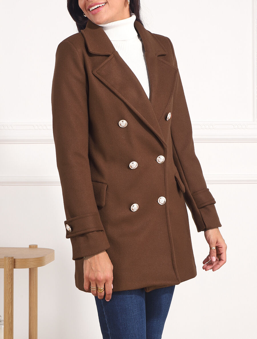 Manteau mi-long boutonné à col cranté - Marron - 3