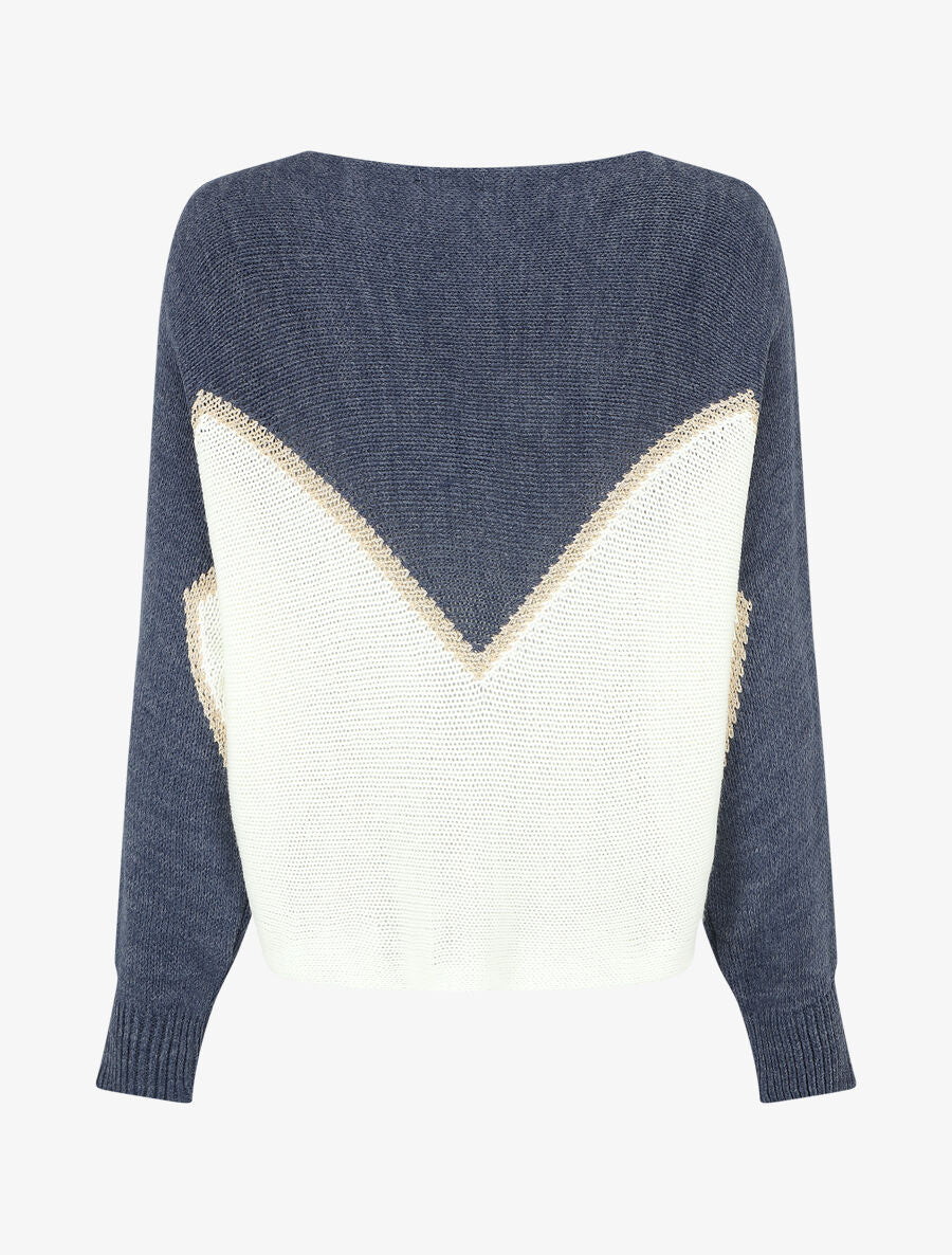 Pull bicolore à liseré doré zigzag - Bleu - 2
