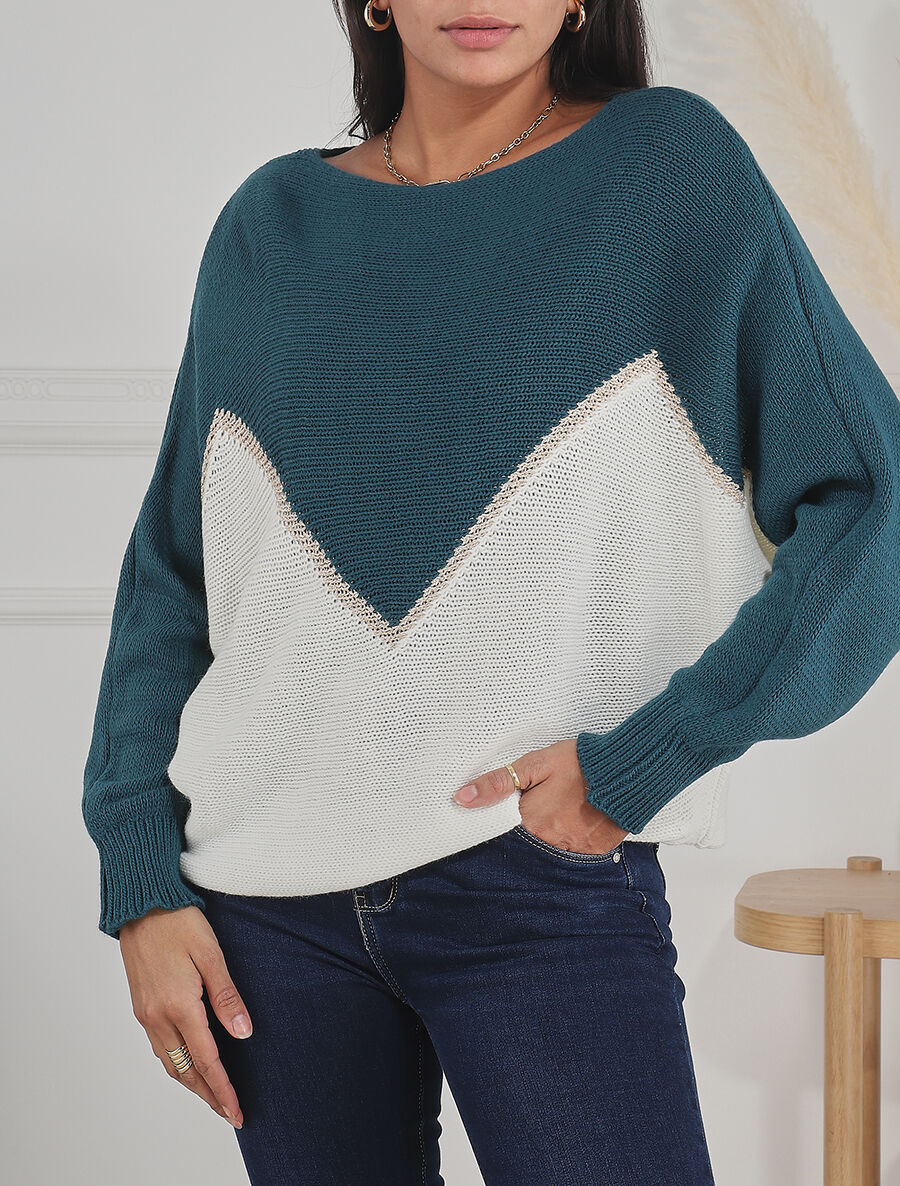 Pull bicolore à liseré doré zigzag - Bleu canard - 4