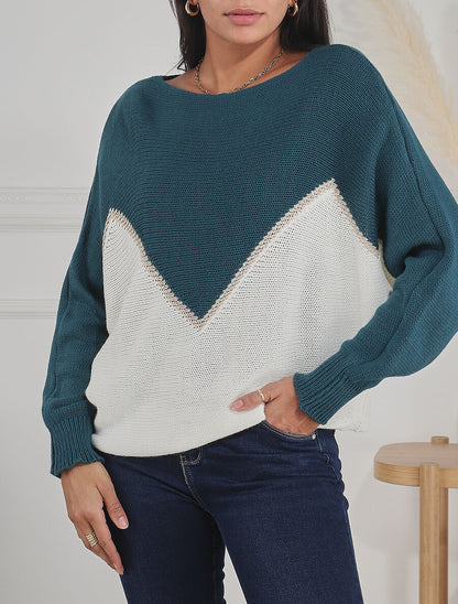 Pull bicolore à liseré doré zigzag - Bleu canard - 4