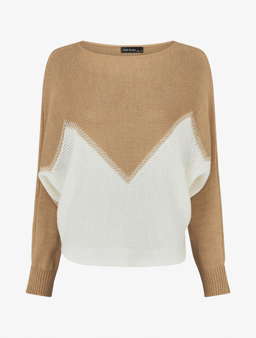 Pull bicolore à liseré doré zigzag - Beige - 1
