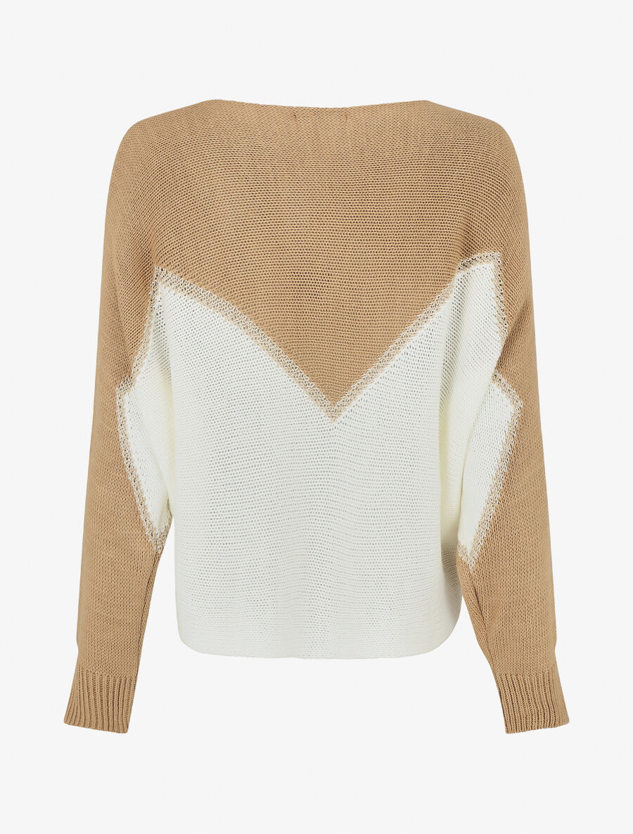 Pull bicolore à liseré doré zigzag - Beige - 2