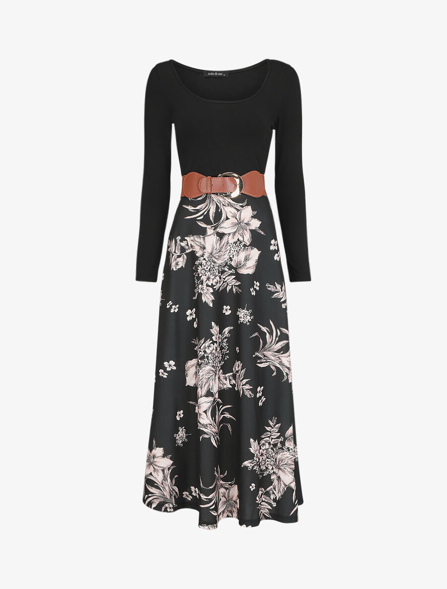 Robe longue empire à jupe fleurie - Noir - 5