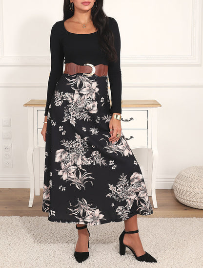 Robe longue empire à jupe fleurie - Noir - 4