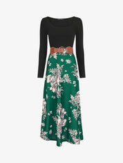 Robe longue empire à jupe fleurie - Vert - 1