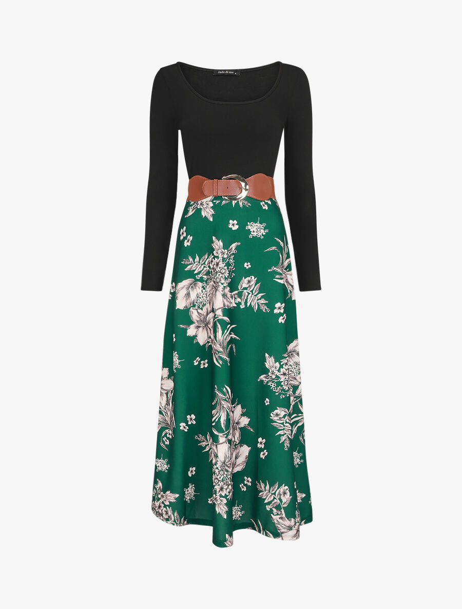 Robe longue empire à jupe fleurie - Vert - 1