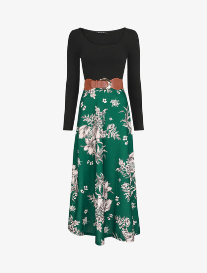 Robe longue empire à jupe fleurie - Vert - 1
