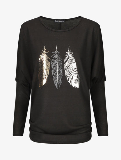 Pull ample à imprimé plumes irisées - Noir - 1