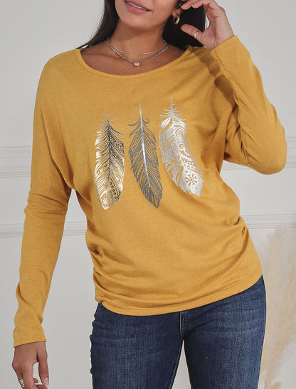 Pull ample à imprimé plumes irisées - Jaune moutarde - 4