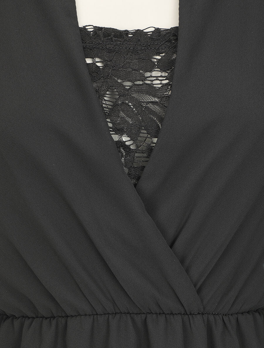 Robe taille élastiquée à détail dentelle - Noir - 3