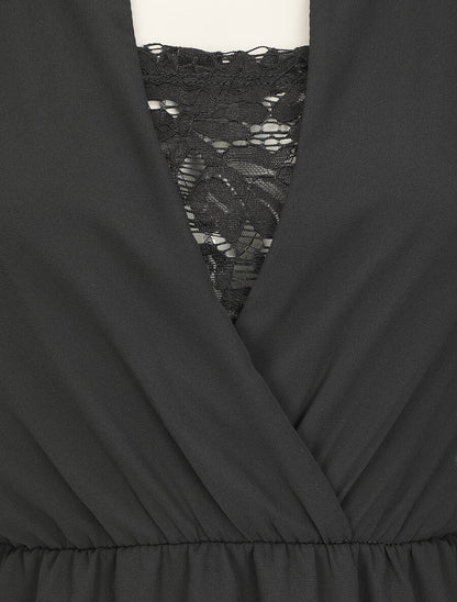 Robe taille élastiquée à détail dentelle - Noir - 3
