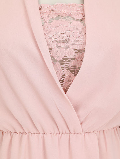 Robe taille élastiquée à détail dentelle - Rose - 3