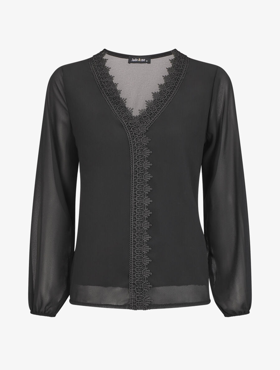 Blouse en voile unie à col brodé - Noir - 1