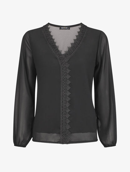 Blouse en voile unie à col brodé - Noir - 1