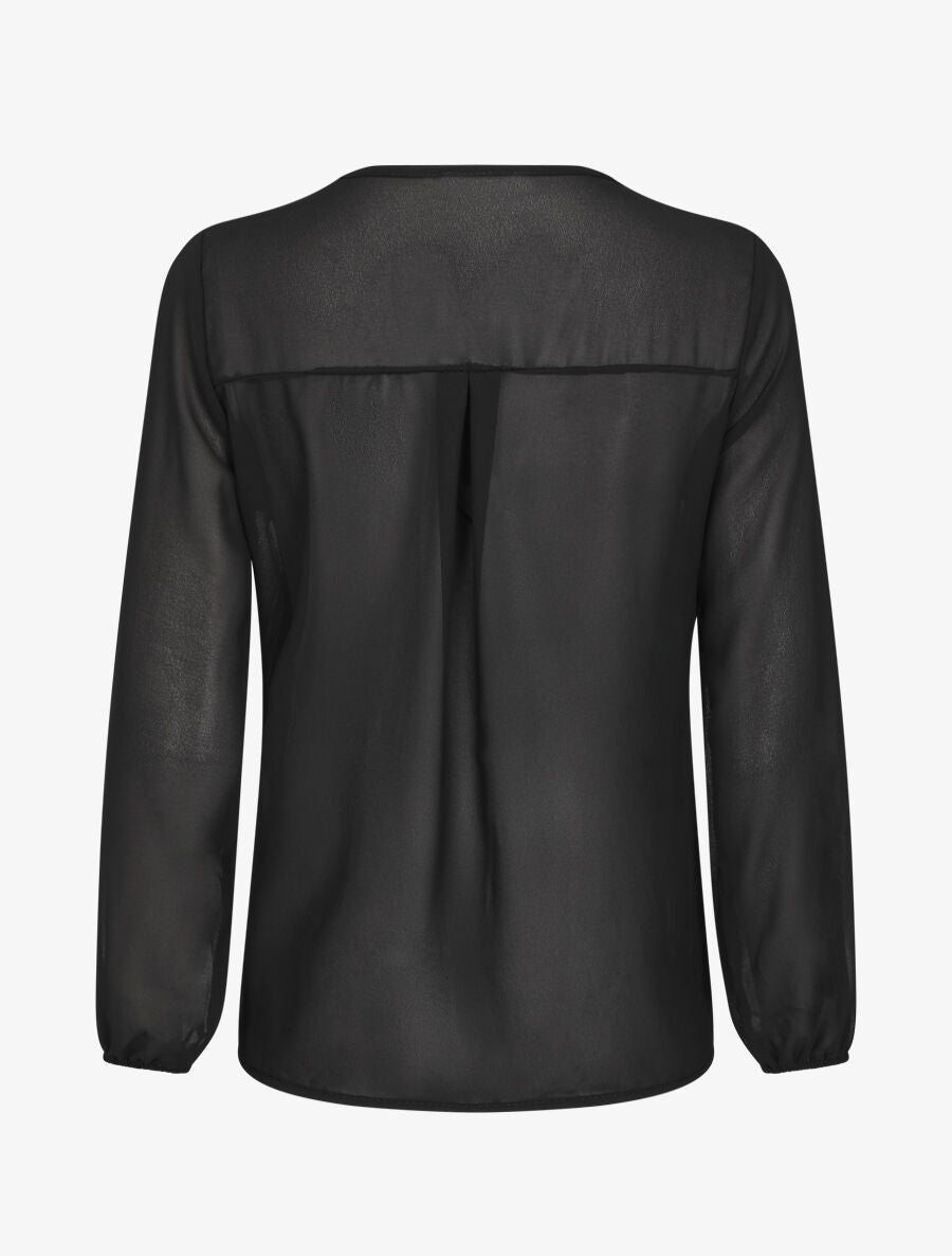 Blouse en voile unie à col brodé - Noir - 2