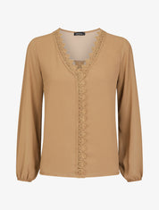 Blouse en voile unie à col brodé - Camel - 1