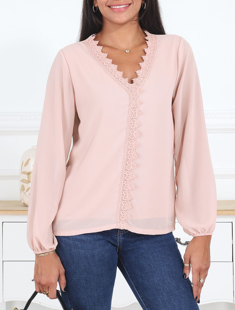Blouse en voile unie à col brodé - Rose - 4