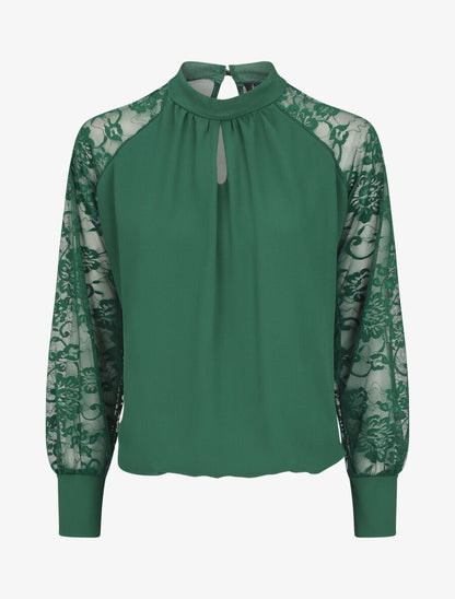 Blouse en voile unie à manches en dentelle - Vert sapin - 5