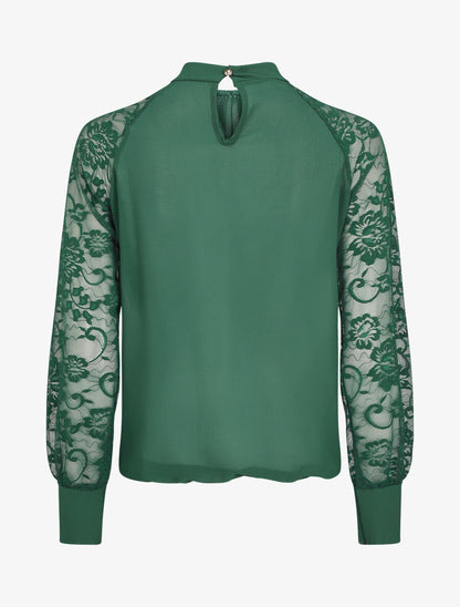 Blouse en voile unie à manches en dentelle - Vert sapin - 2